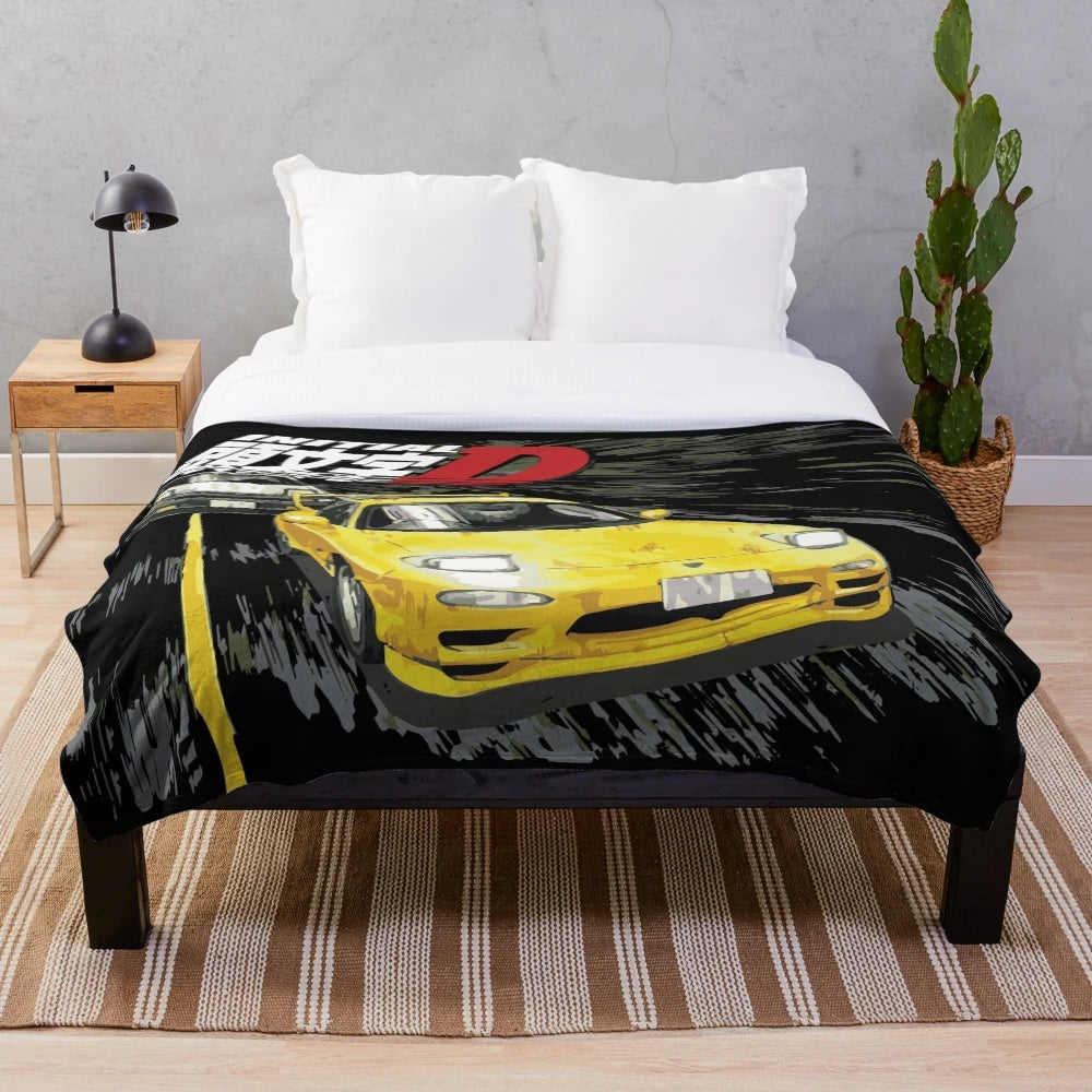 Initial D inspired plush blanket featuring the iconic AE86 Sprinter Trueno and FD3S RX-7 drifting on a mountain road