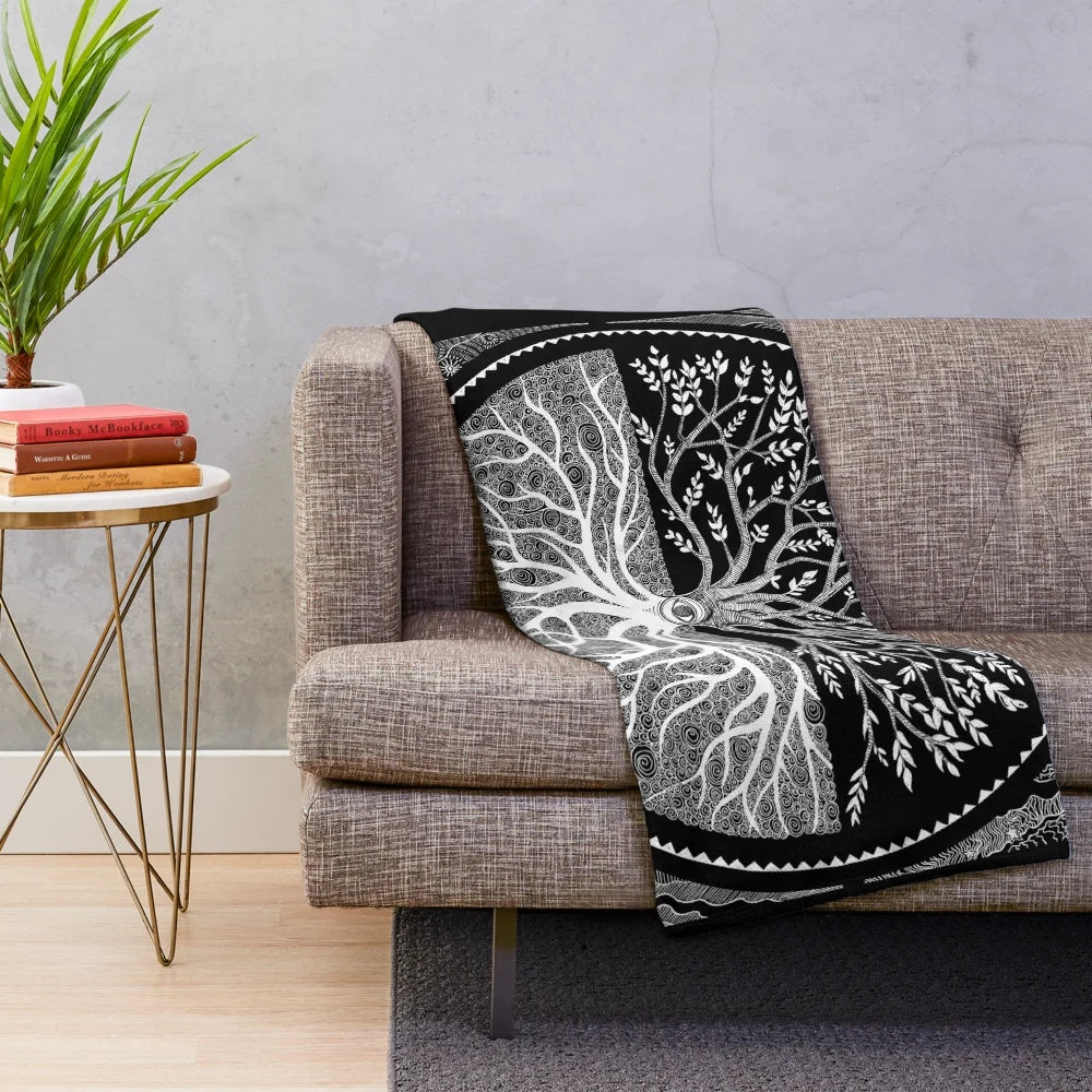 Black and white tree of life plush blanket with Celtic, pagan, and Norse mythology inspired design