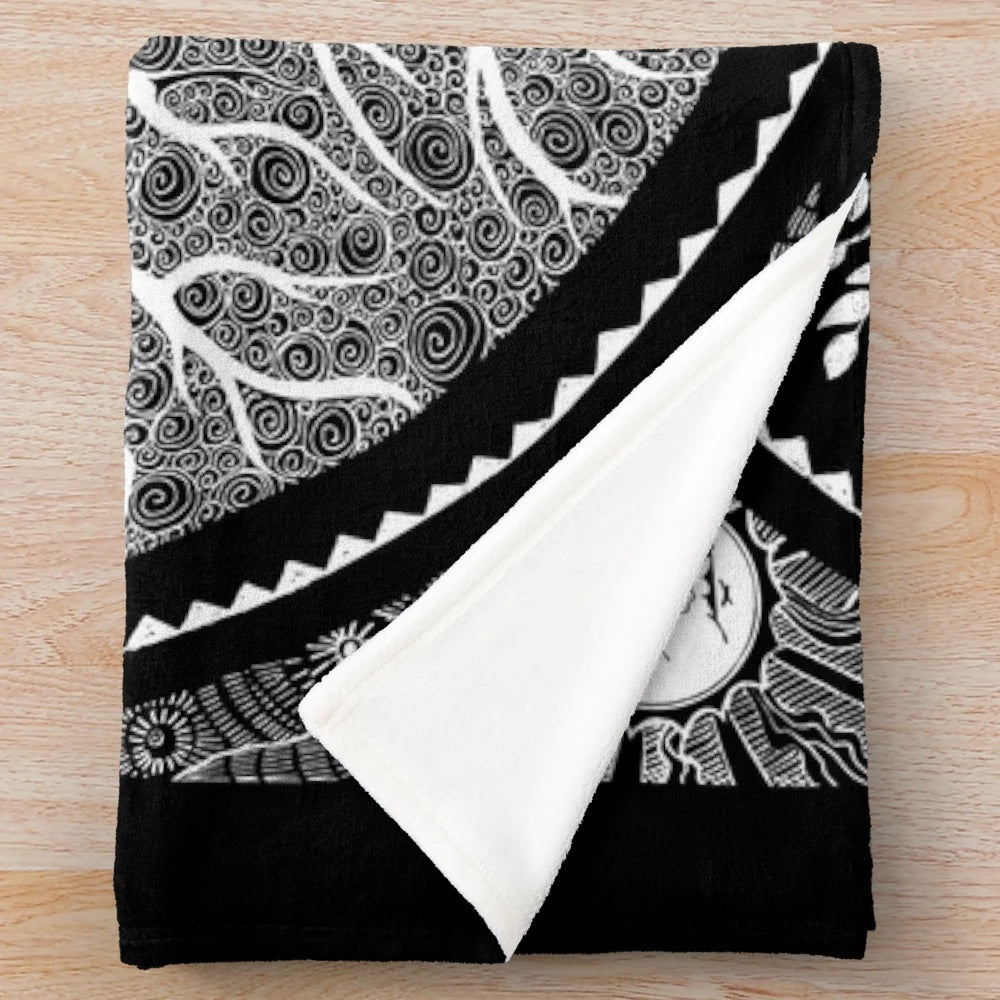 Black and white tree of life plush blanket with Celtic, pagan, and Norse mythology inspired design