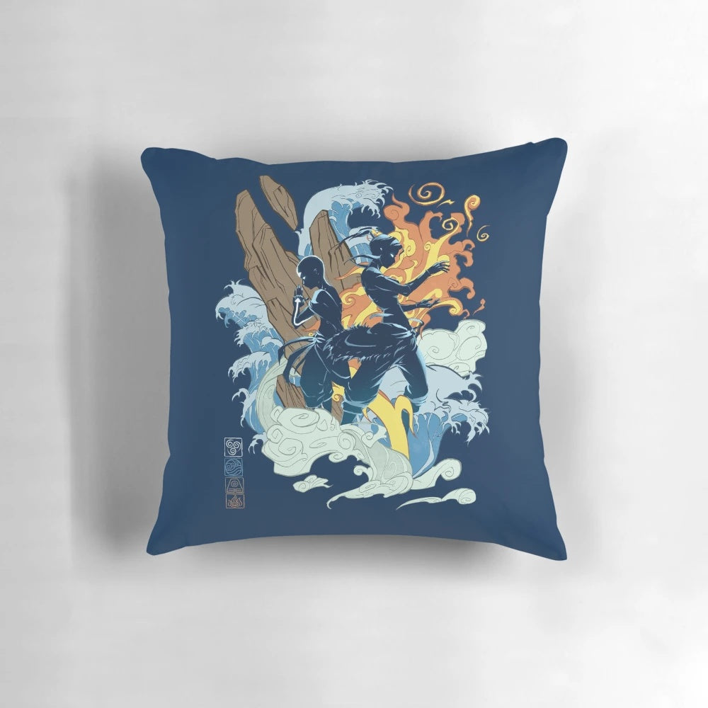 Two avatars from the Avatar: The Last Airbender and The Legend of Korra TV shows printed on a decorative pillow.