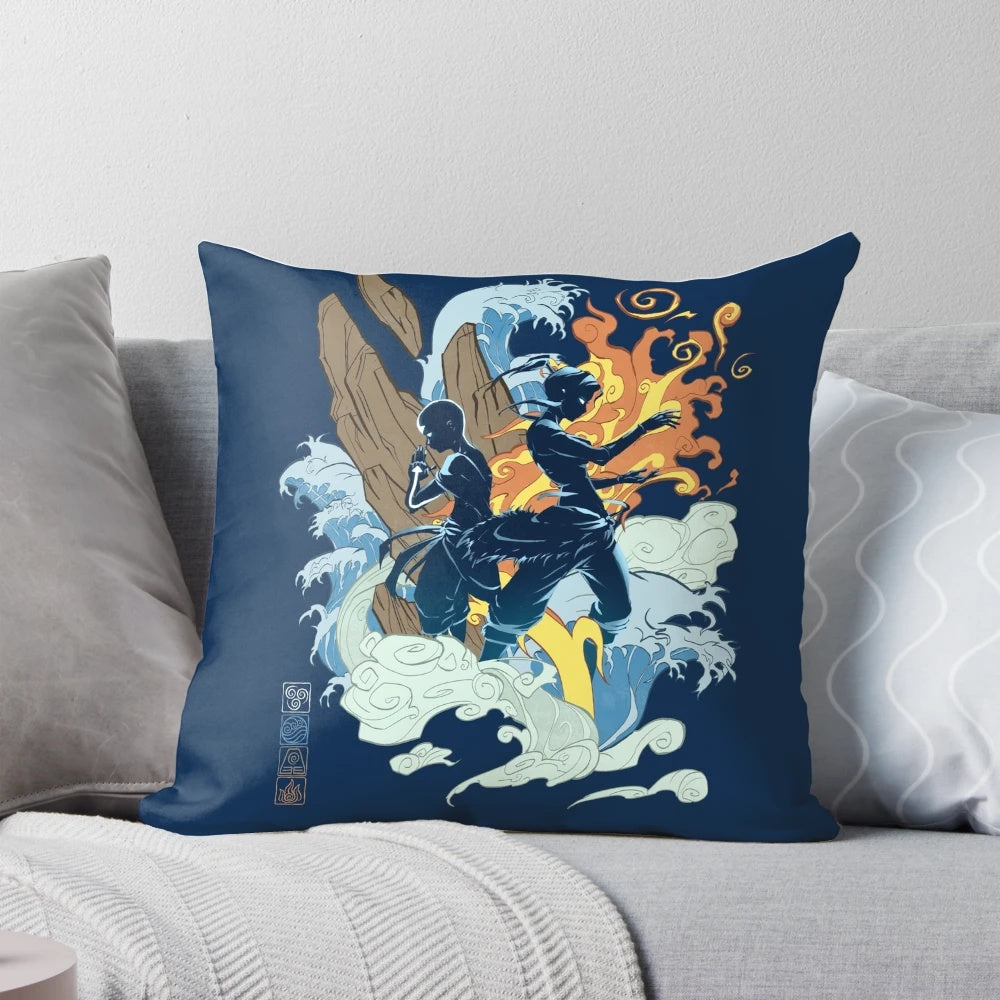 Two avatars from the Avatar: The Last Airbender and The Legend of Korra TV shows printed on a decorative pillow.