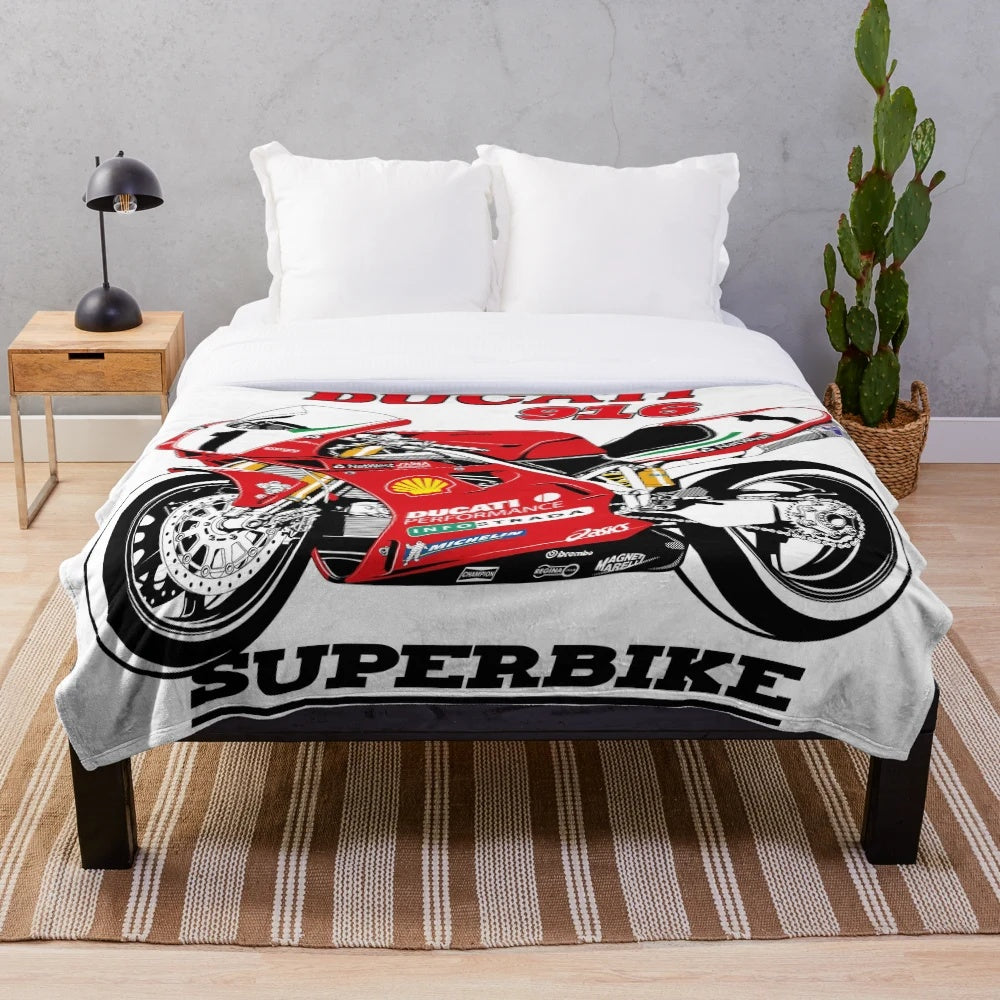 Ducati 916 inspired plush blanket with motorcycle racing design