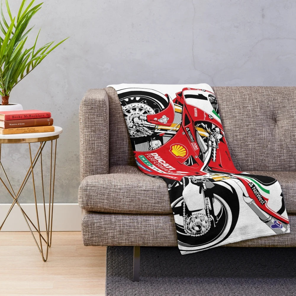Ducati 916 inspired plush blanket with motorcycle racing design