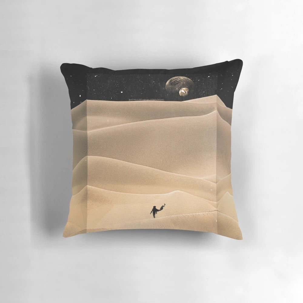 Dune Arrakis desert themed throw pillow featuring the iconic Dune logo and symbols