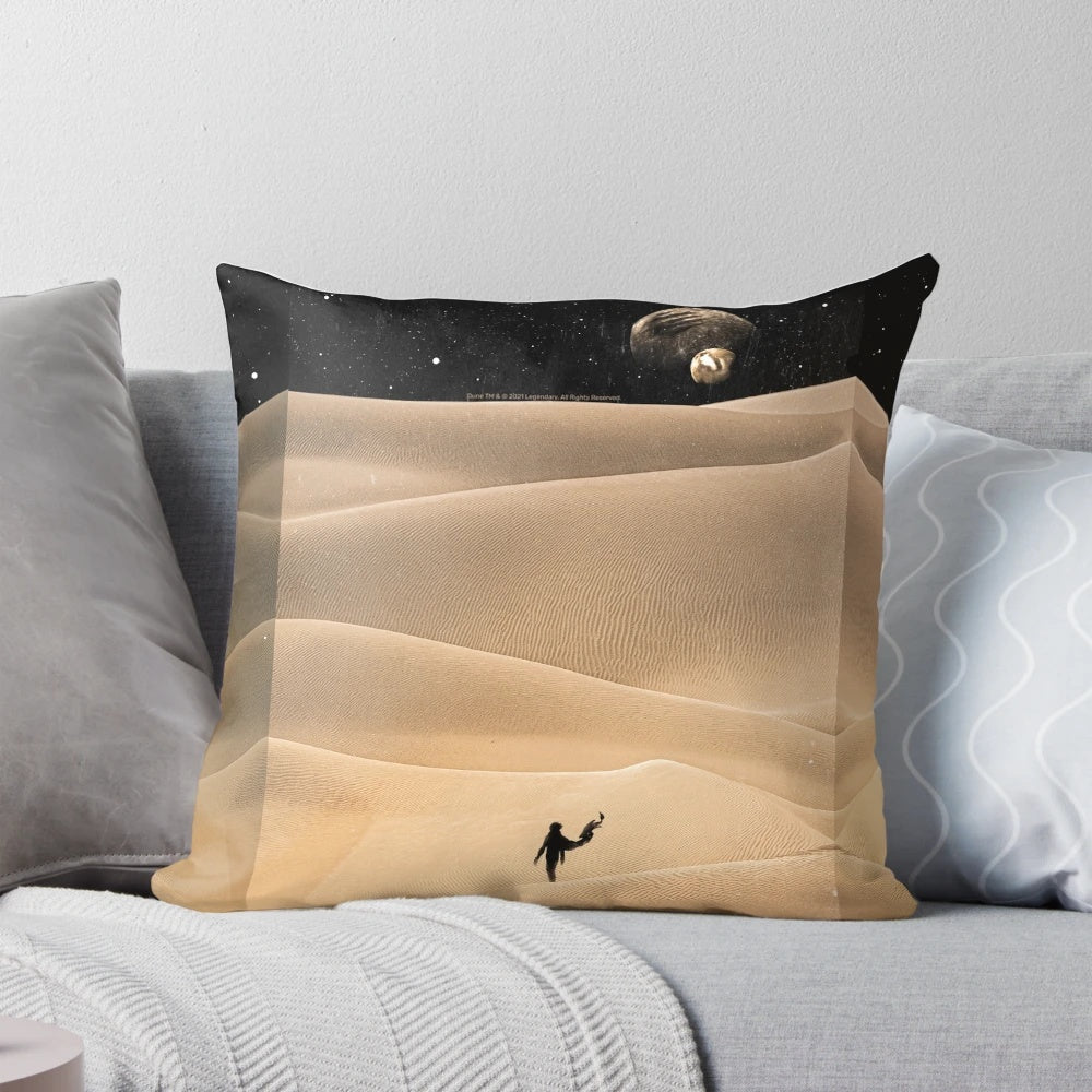 Dune Arrakis desert themed throw pillow featuring the iconic Dune logo and symbols
