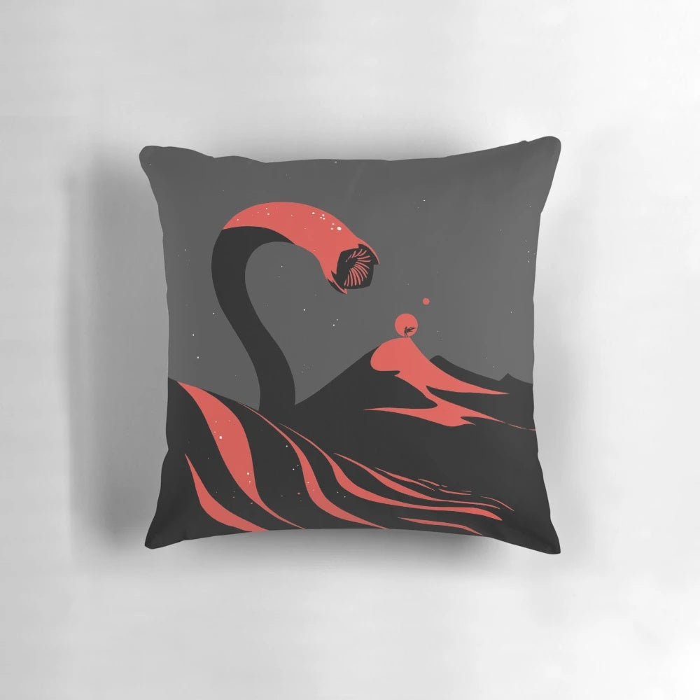 Dune Sandworm Throw Pillow featuring the iconic Shai Hulud worm from the Dune franchise