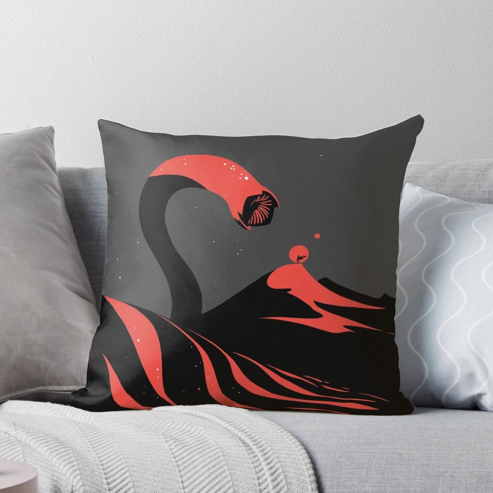 Dune Sandworm Throw Pillow featuring the iconic Shai Hulud worm from the Dune franchise