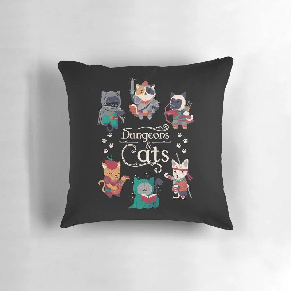 Dungeons & Cats 2.0 tabletop gaming pillow featuring a cozy cat design for roleplaying game enthusiasts