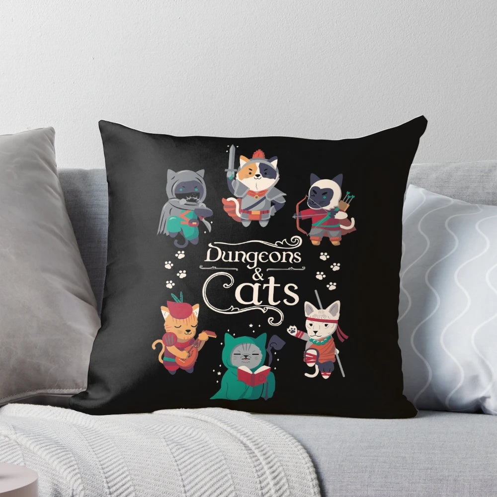 Dungeons & Cats 2.0 tabletop gaming pillow featuring a cozy cat design for roleplaying game enthusiasts