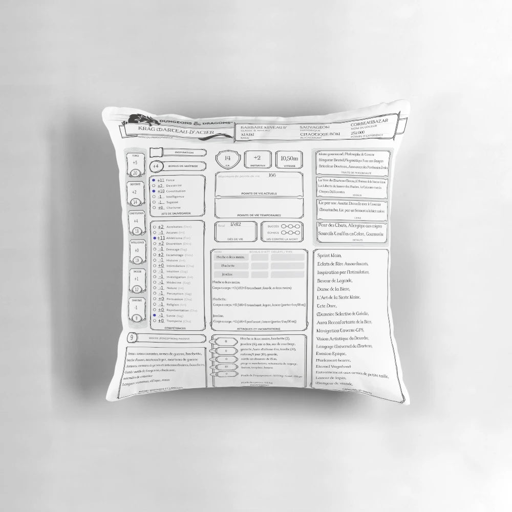 Dungeons and Dragons 5th Edition character sheet printed on a plush pillow with a leaf pattern design.