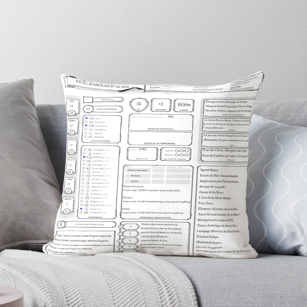 Dungeons and Dragons 5th Edition character sheet printed on a plush pillow with a leaf pattern design.