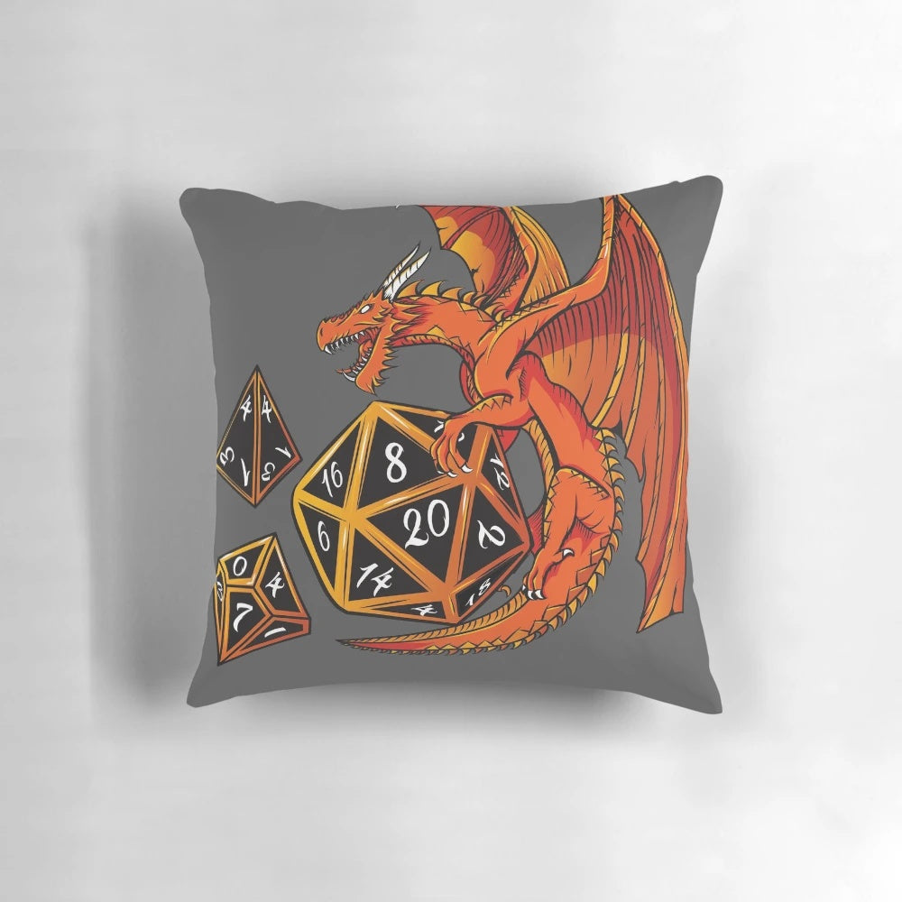 Soft, plush Dungeons & Dragons-themed dice dragon pillow with D20, D4, and D10 dice.