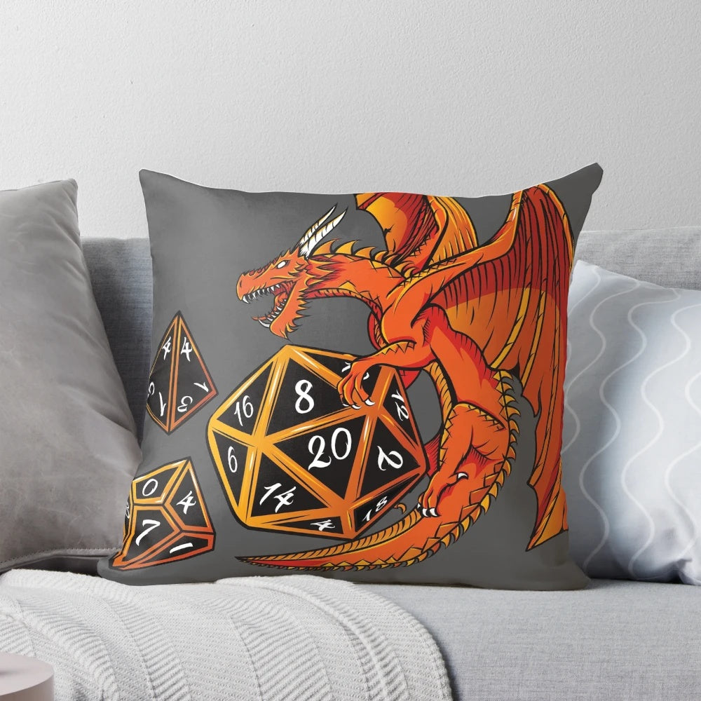 Soft, plush Dungeons & Dragons-themed dice dragon pillow with D20, D4, and D10 dice.