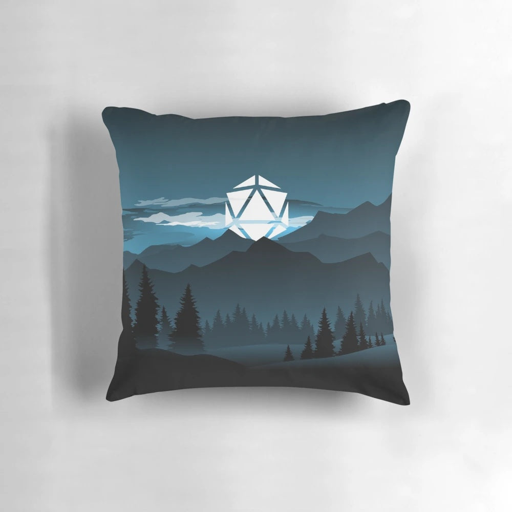 Pillow featuring a mountain landscape under a full moon, perfect for Dungeons & Dragons and other tabletop RPG enthusiasts.