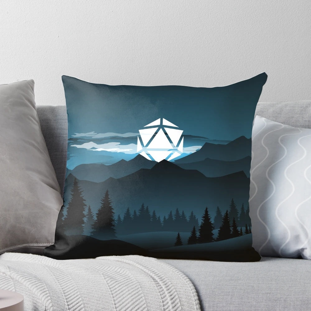 Pillow featuring a mountain landscape under a full moon, perfect for Dungeons & Dragons and other tabletop RPG enthusiasts.