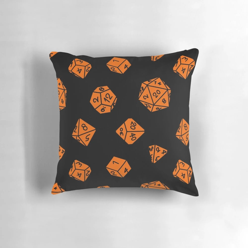 Orange Dungeons & Dragons dice repeating pattern throw pillow