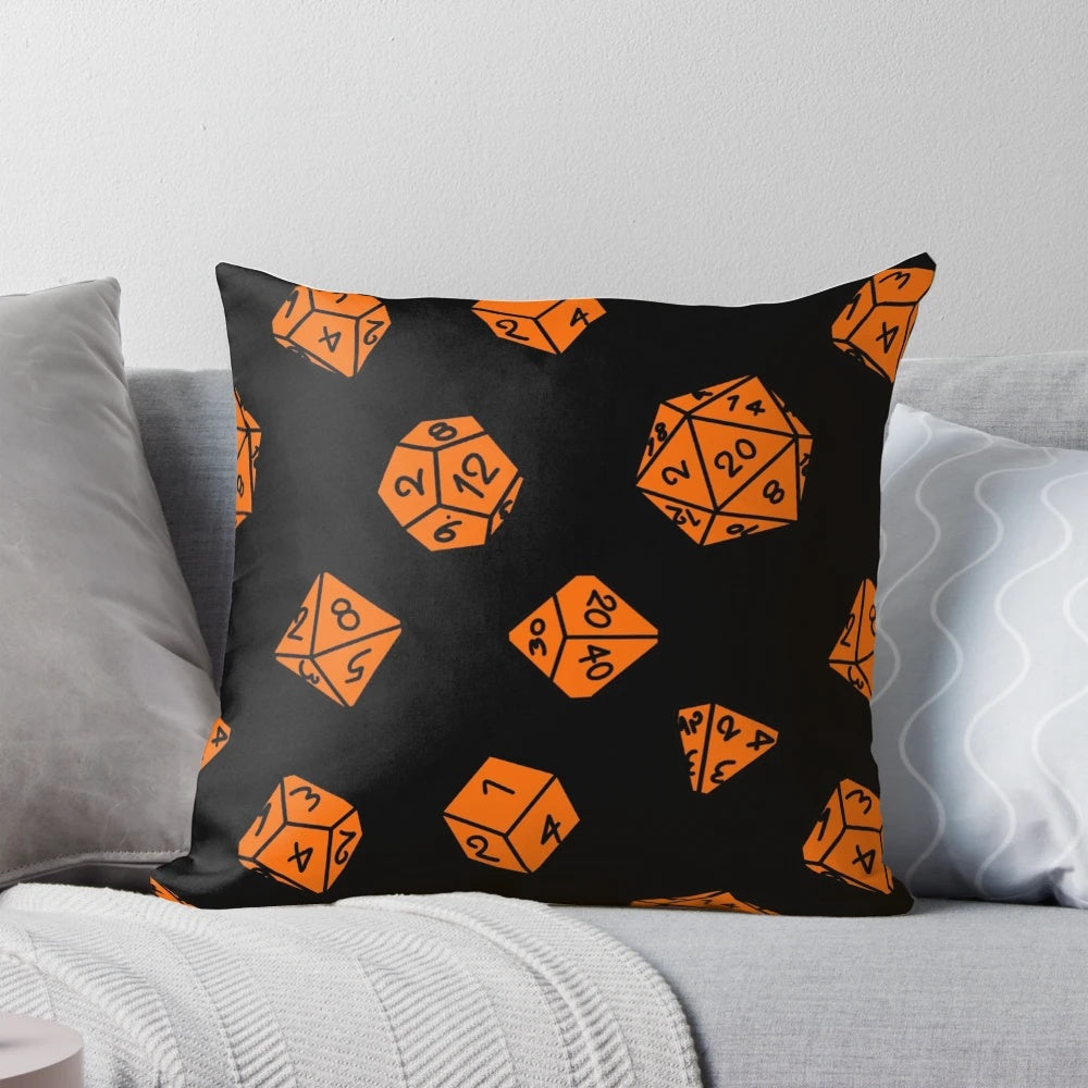 Orange Dungeons & Dragons dice repeating pattern throw pillow