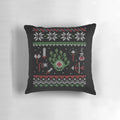 Dungeons & Dragons inspired ugly Christmas sweater pillow featuring a beholder and d20 dice