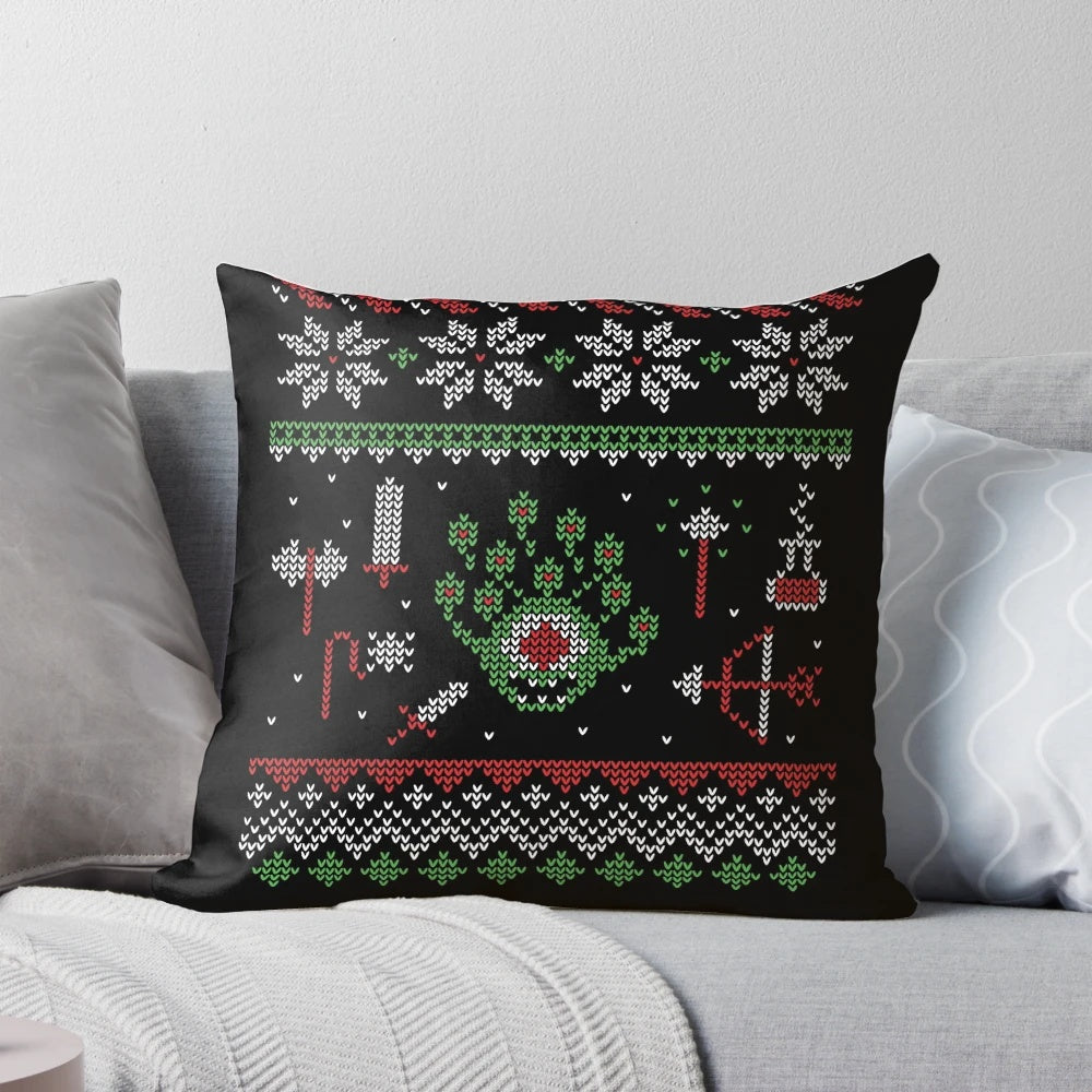 Dungeons & Dragons inspired ugly Christmas sweater pillow featuring a beholder and d20 dice