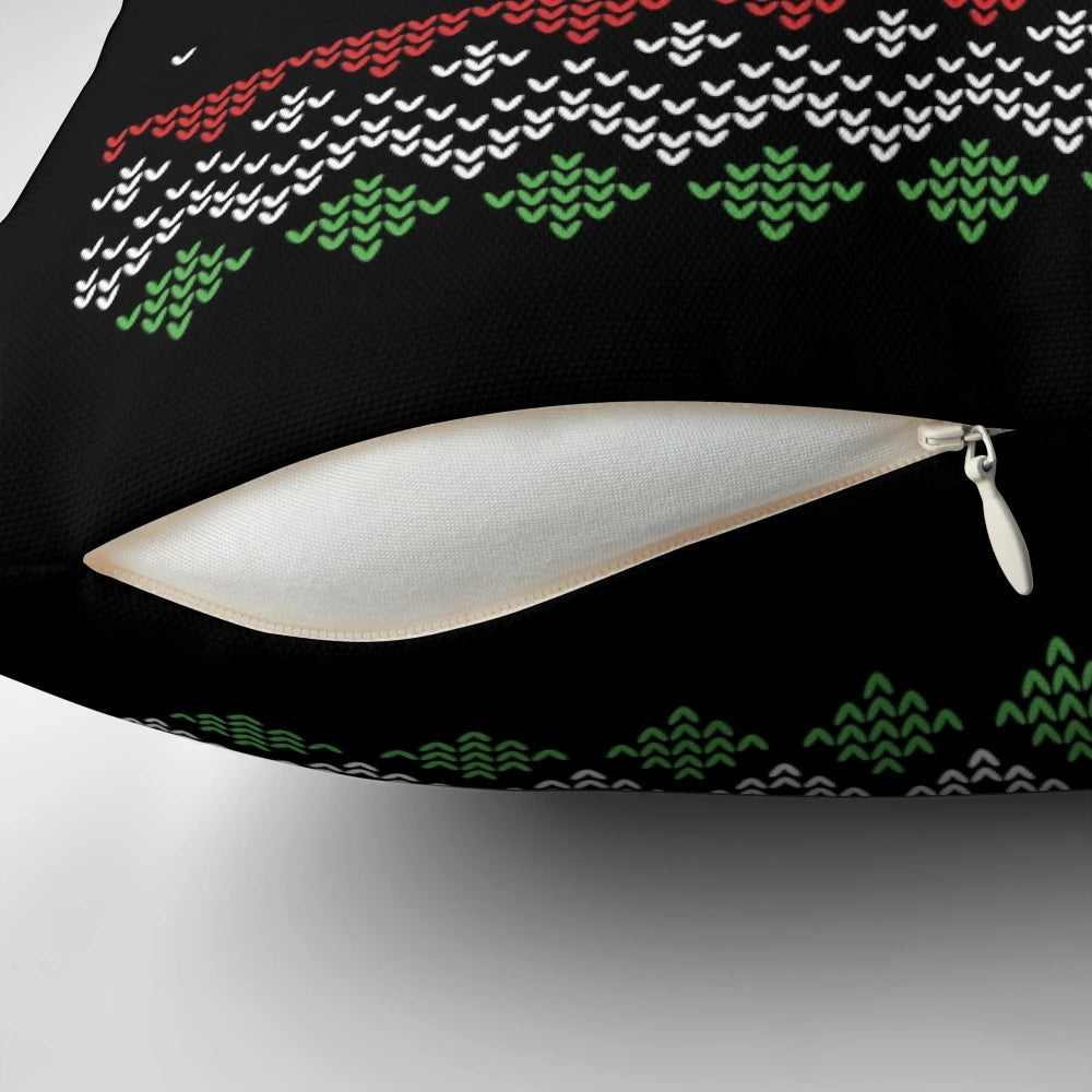 Dungeons & Dragons inspired ugly Christmas sweater pillow featuring a beholder and d20 dice