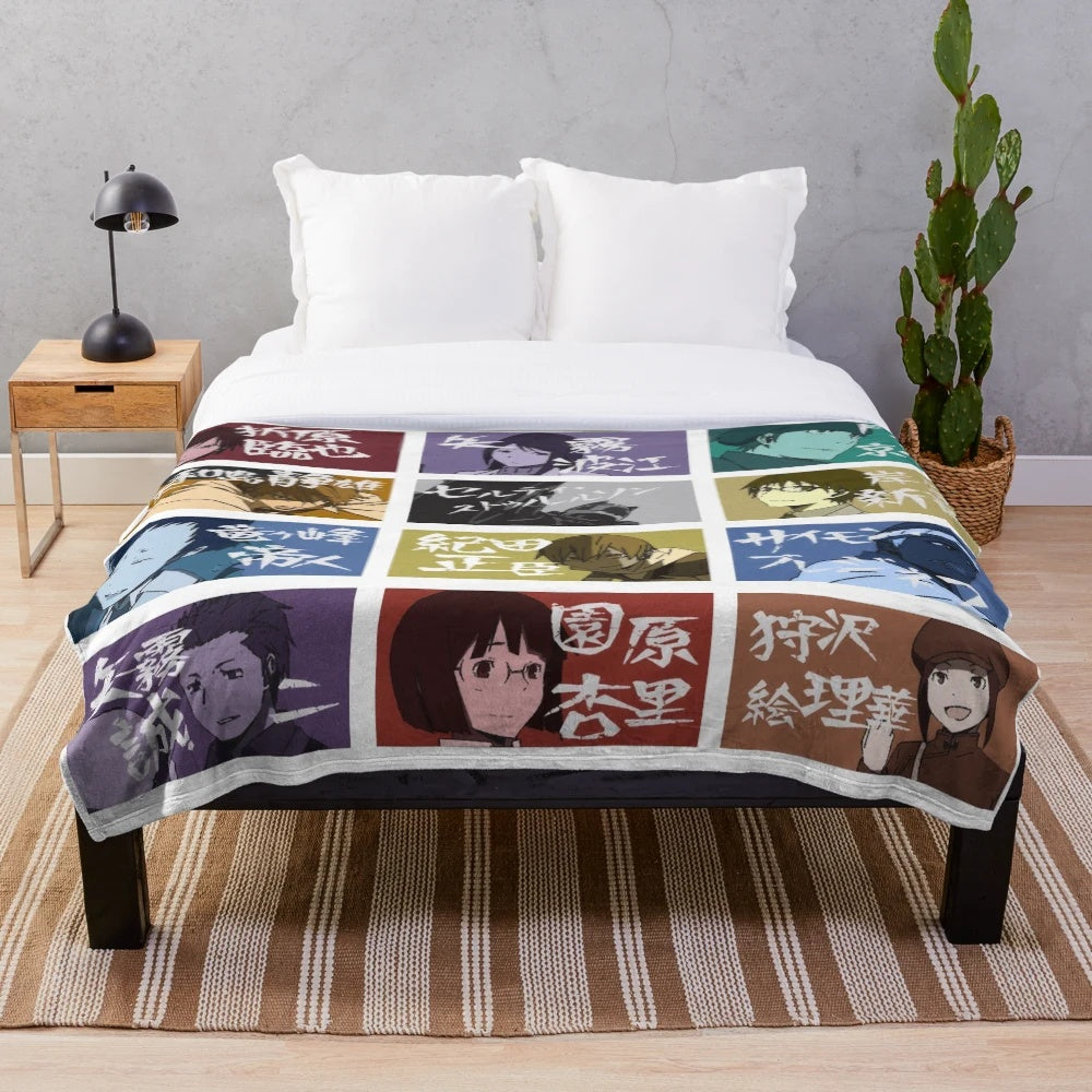 Durarara inspired anime plush blanket featuring characters like Celty Sturluson, Mikado Ryūgamine, and Masaomi Kida