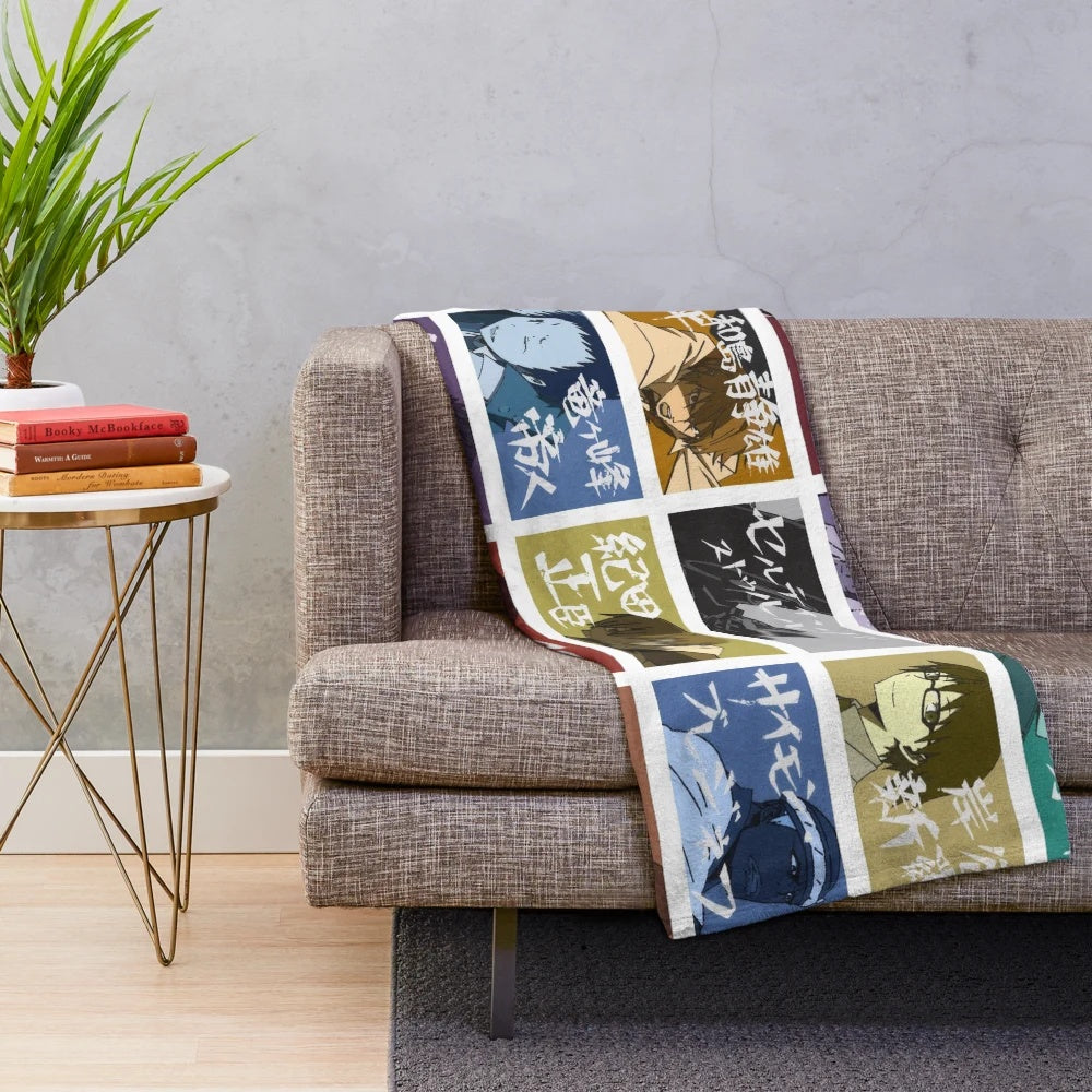 Durarara inspired anime plush blanket featuring characters like Celty Sturluson, Mikado Ryūgamine, and Masaomi Kida