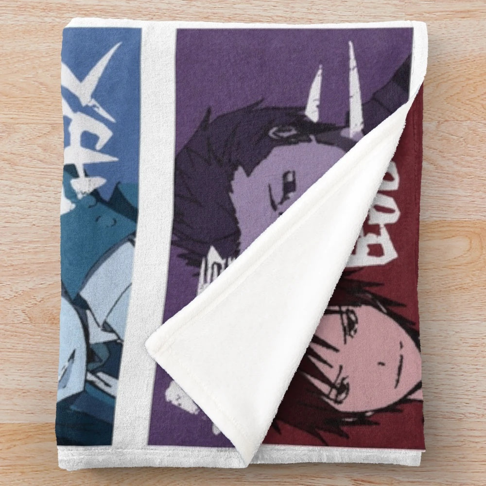 Durarara inspired anime plush blanket featuring characters like Celty Sturluson, Mikado Ryūgamine, and Masaomi Kida