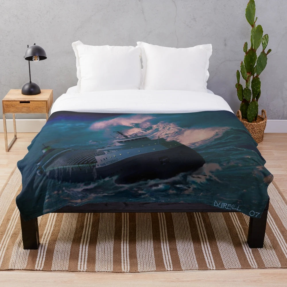 Dureall Edmund Fitzgerald Inspired Plush Blanket with ship, lake, and storm imagery