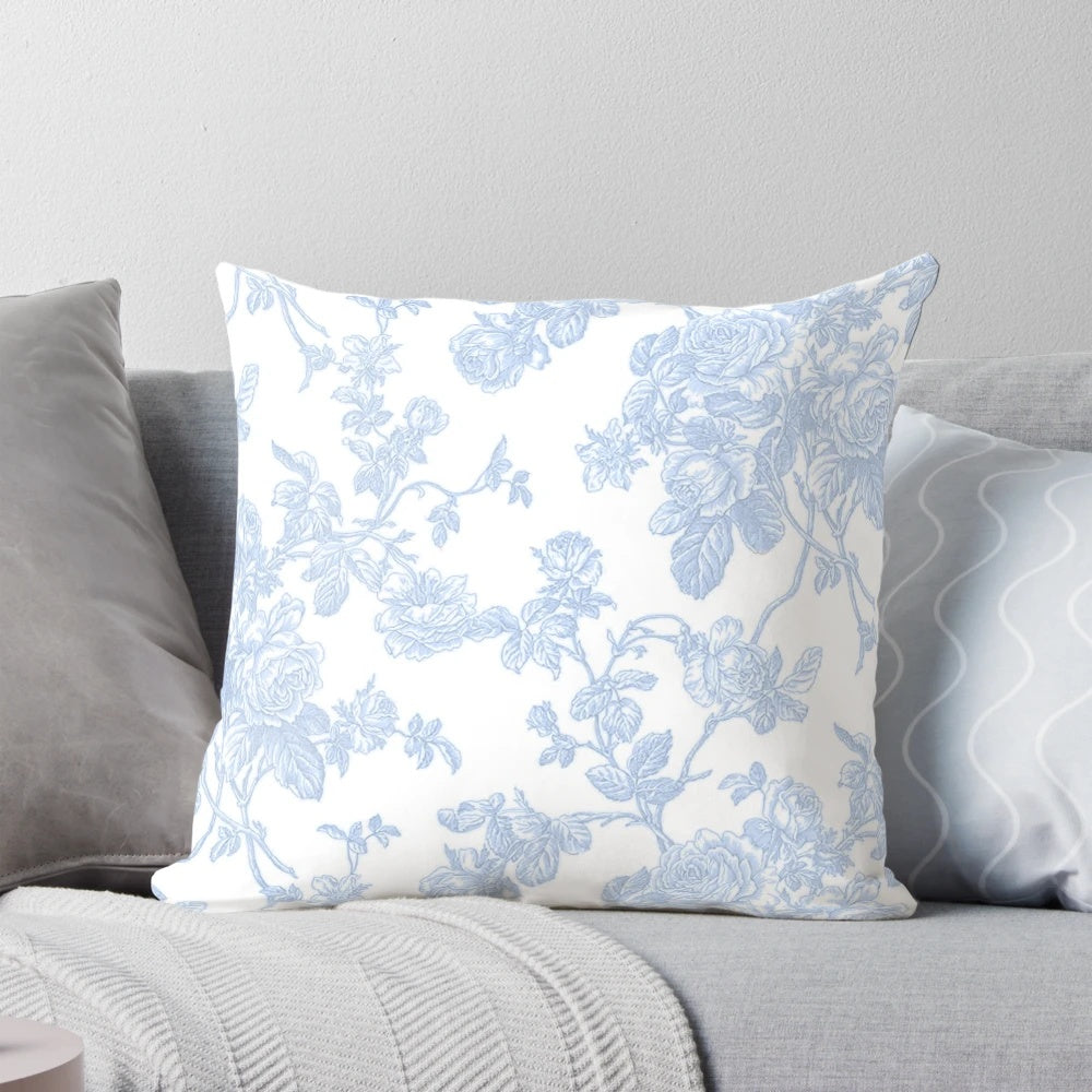 Dusk blue vintage roses toile pattern decorative pillow