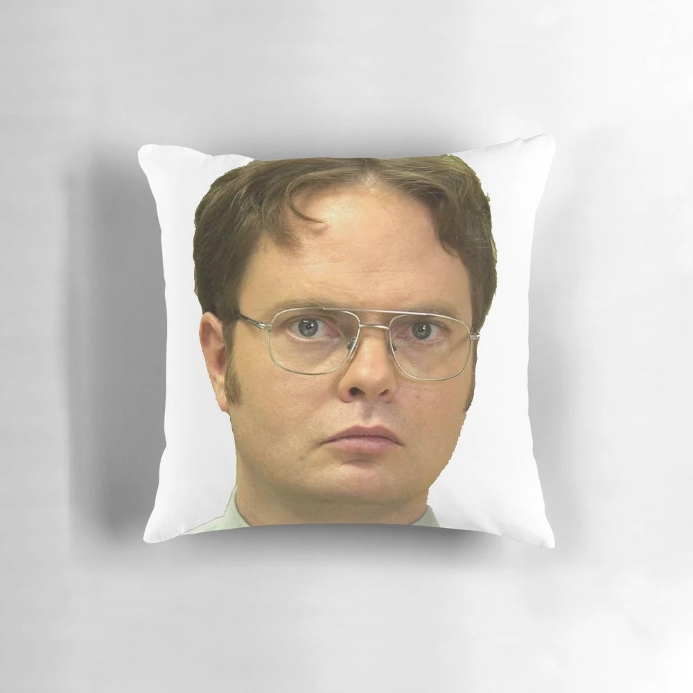 Dwight K Schrute inspired office pillow with the character's image and text