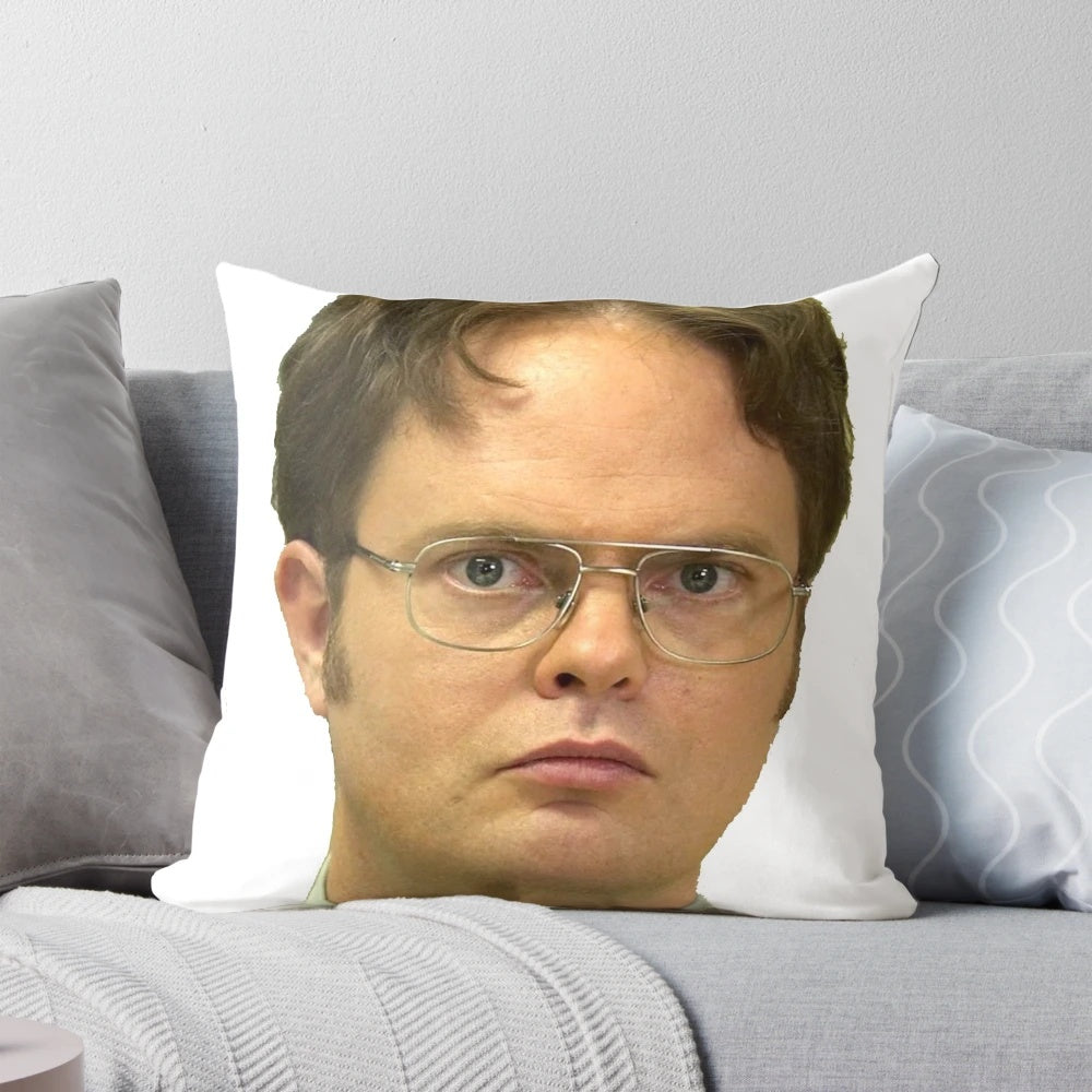 Dwight K Schrute inspired office pillow with the character's image and text