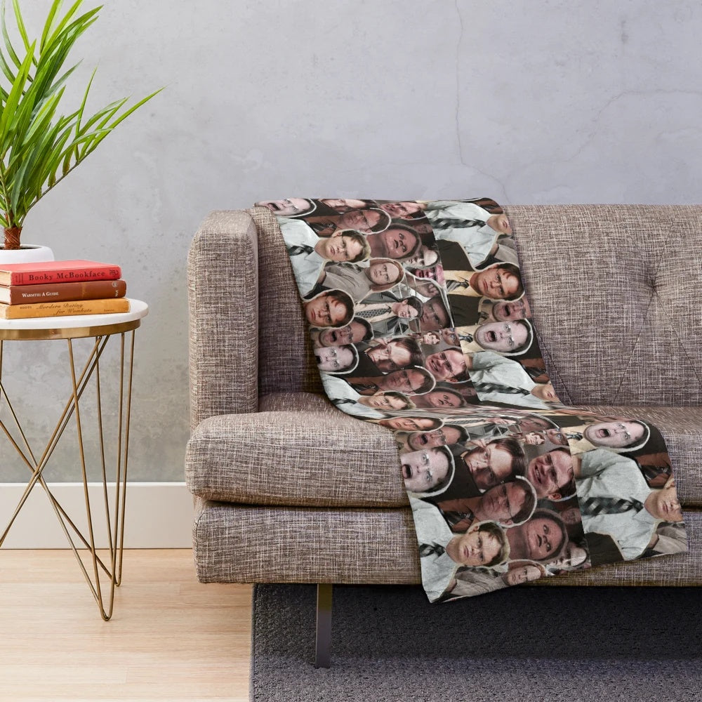 Dwight Schrute inspired office plush blanket with The Office TV show graphics