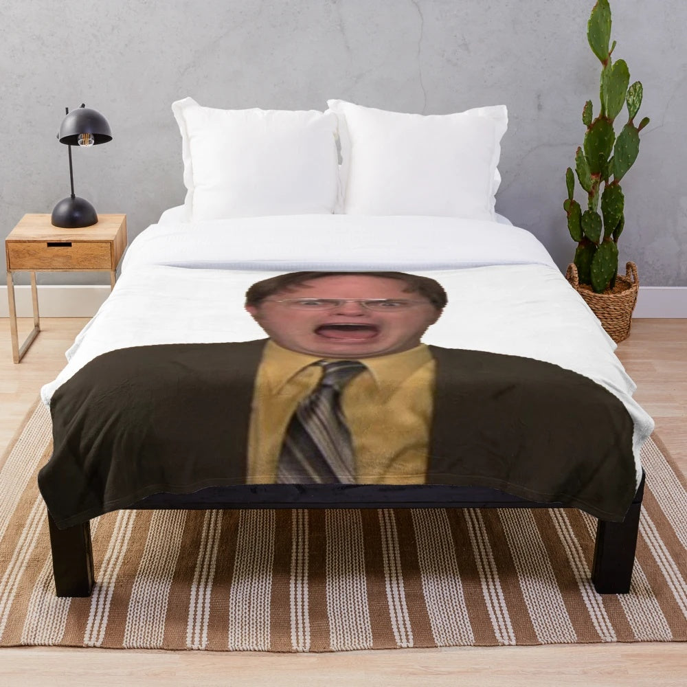 Dwight Schrute-inspired screaming plush blanket featuring a character from the popular TV show "The Office