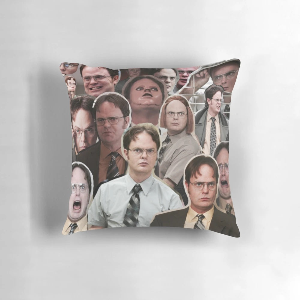Dwight Schrute themed office pillow with a stylized design inspired by the popular TV show The Office