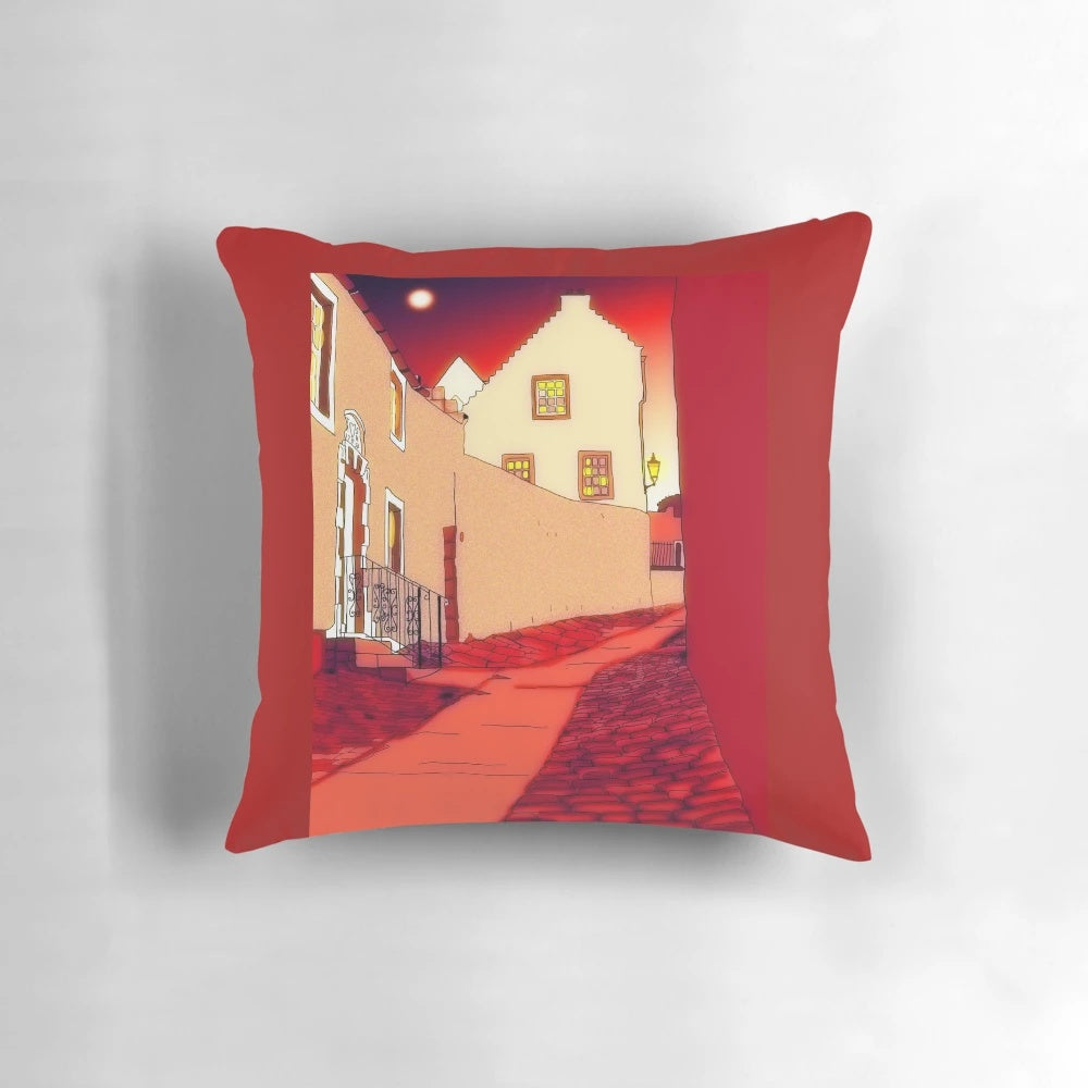Pillow featuring a digital drawing of the Scottish coastal town of Dysart, Fife, with its unique Scottish architecture and buildings.
