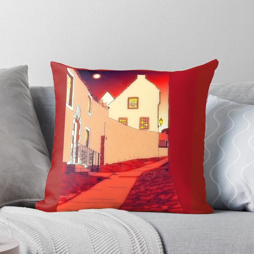 Pillow featuring a digital drawing of the Scottish coastal town of Dysart, Fife, with its unique Scottish architecture and buildings.