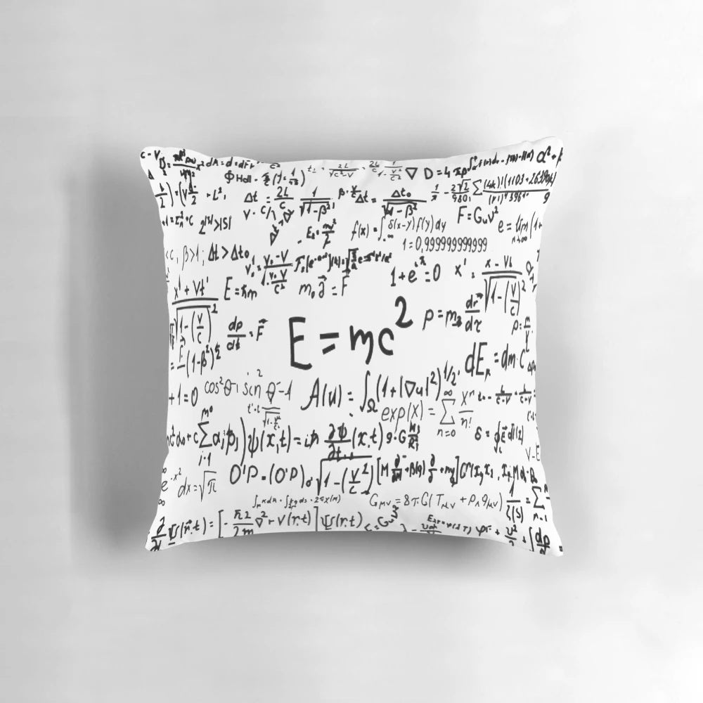 Decorative pillow featuring the famous E=MC^2 physics equation