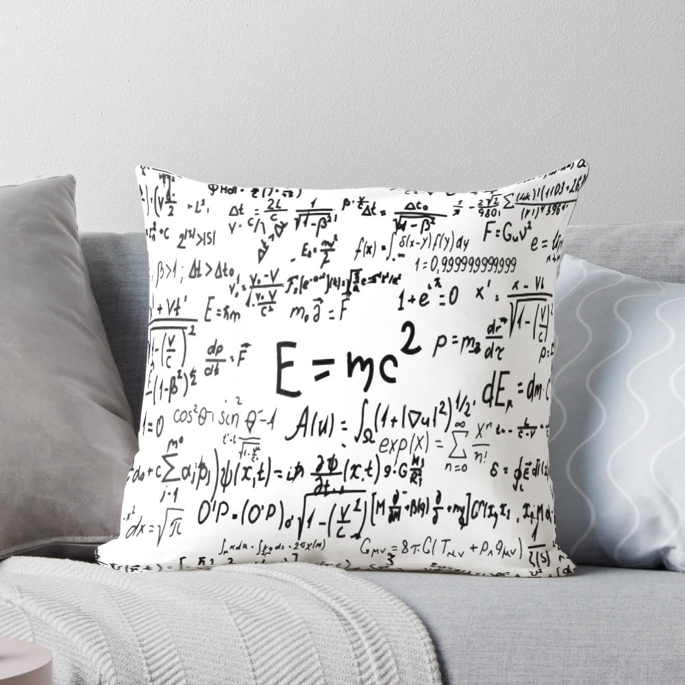 Decorative pillow featuring the famous E=MC^2 physics equation