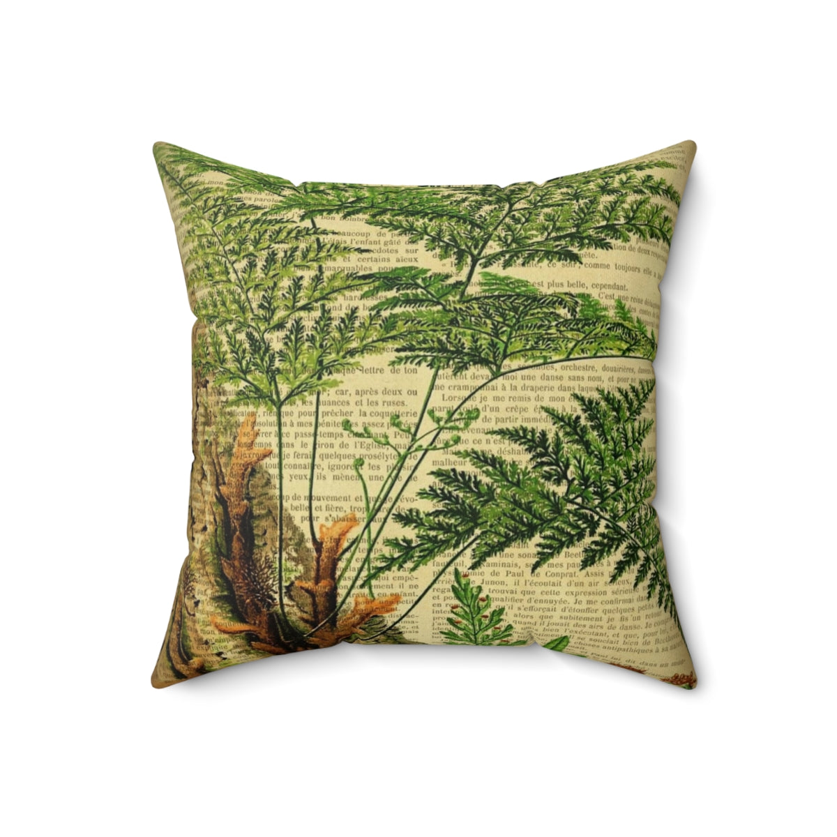 Vintage-styled botanical fern print on a pillow