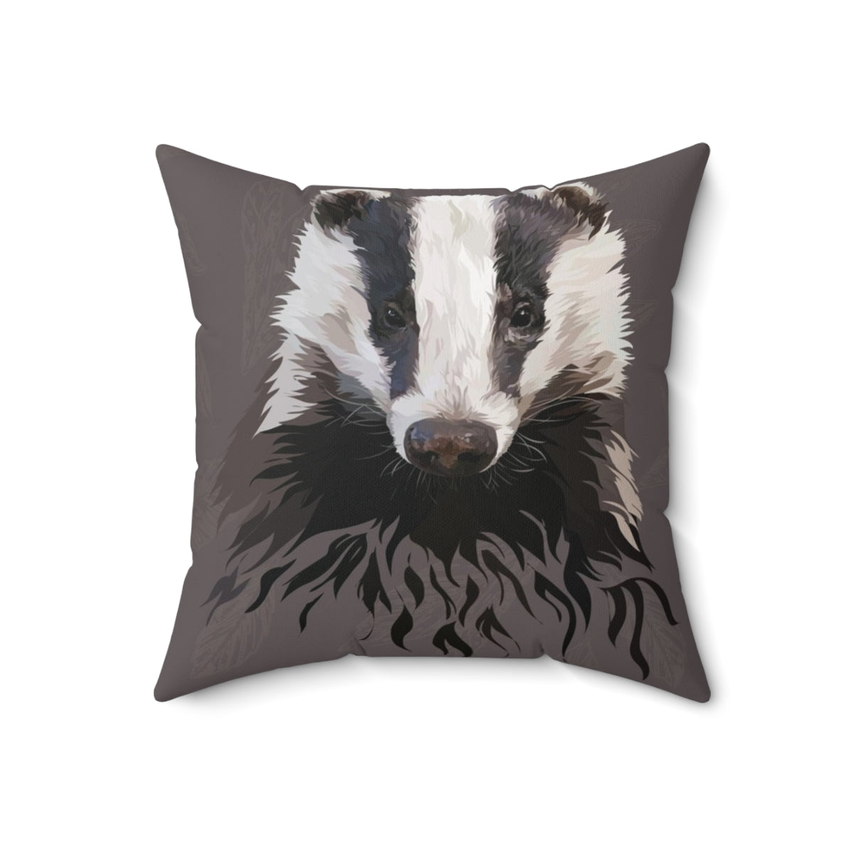 Woodland-themed black, white, and grey badger print pillow with twig details - Back