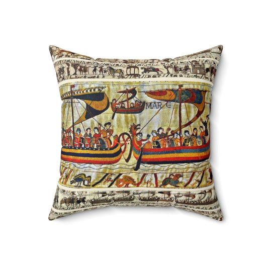 "Decorative medieval-style pillow featuring the iconic Bayeux Tapestry design with Viking ships and scenes from the Norman conquest of England"