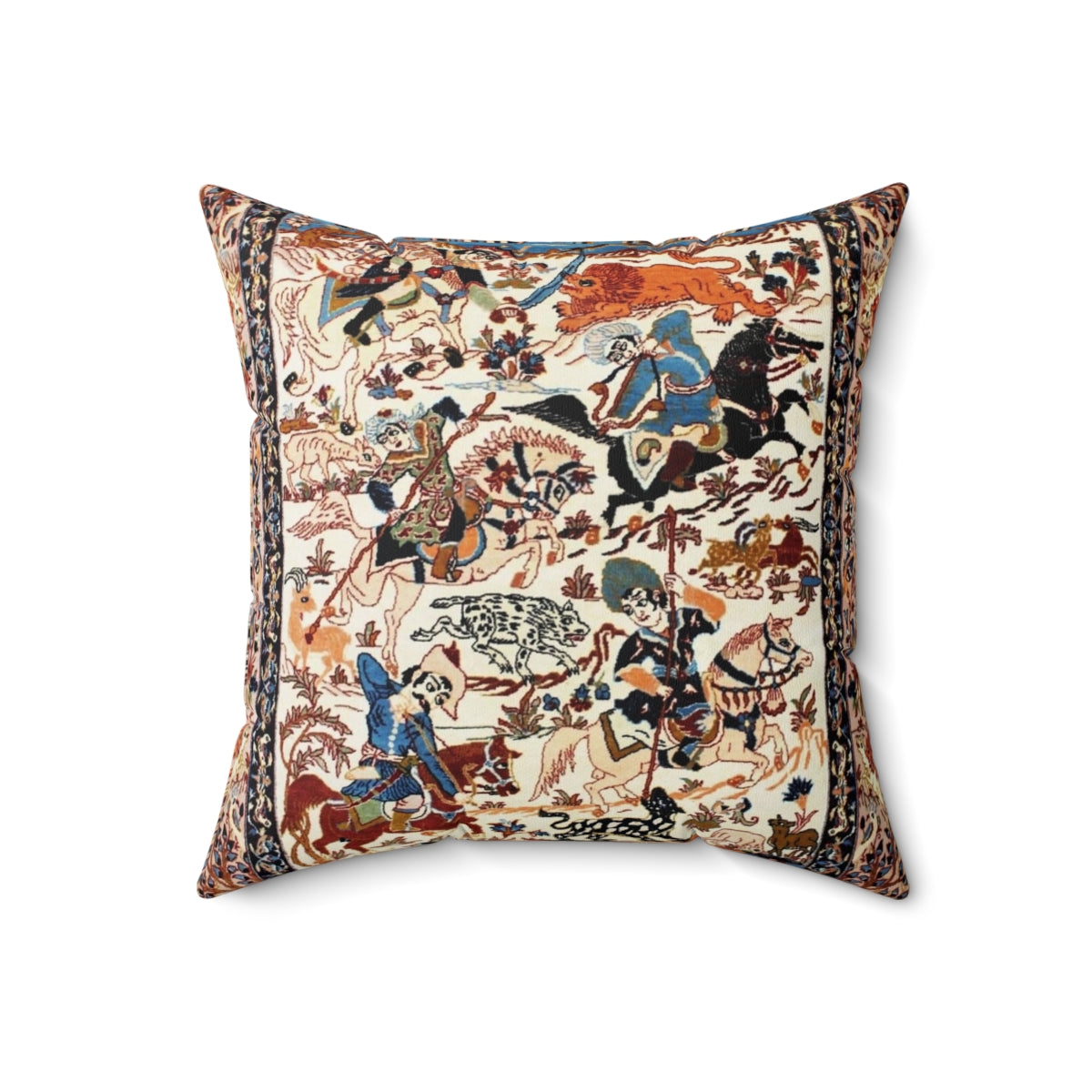 A decorative blue and white throw pillow featuring a vintage-inspired floral and animal print inspired by antique Persian rugs.