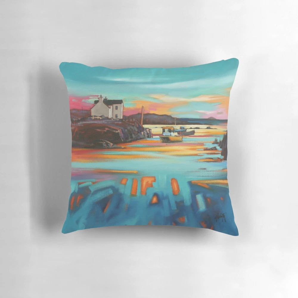 Earsary Barra Pillow featuring a beautiful seascape painting of the Scottish coastline