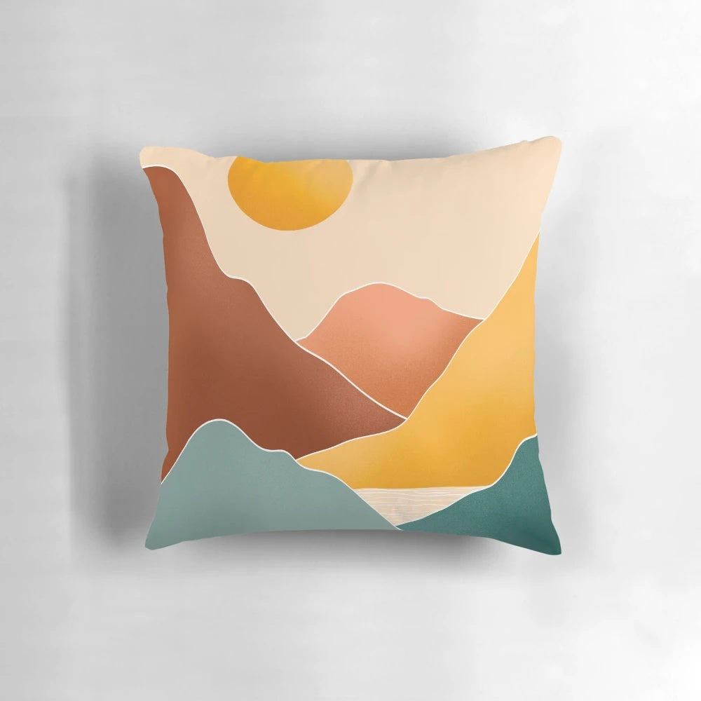 Earthy-toned abstract mountain and sunset design 30-inch pillow