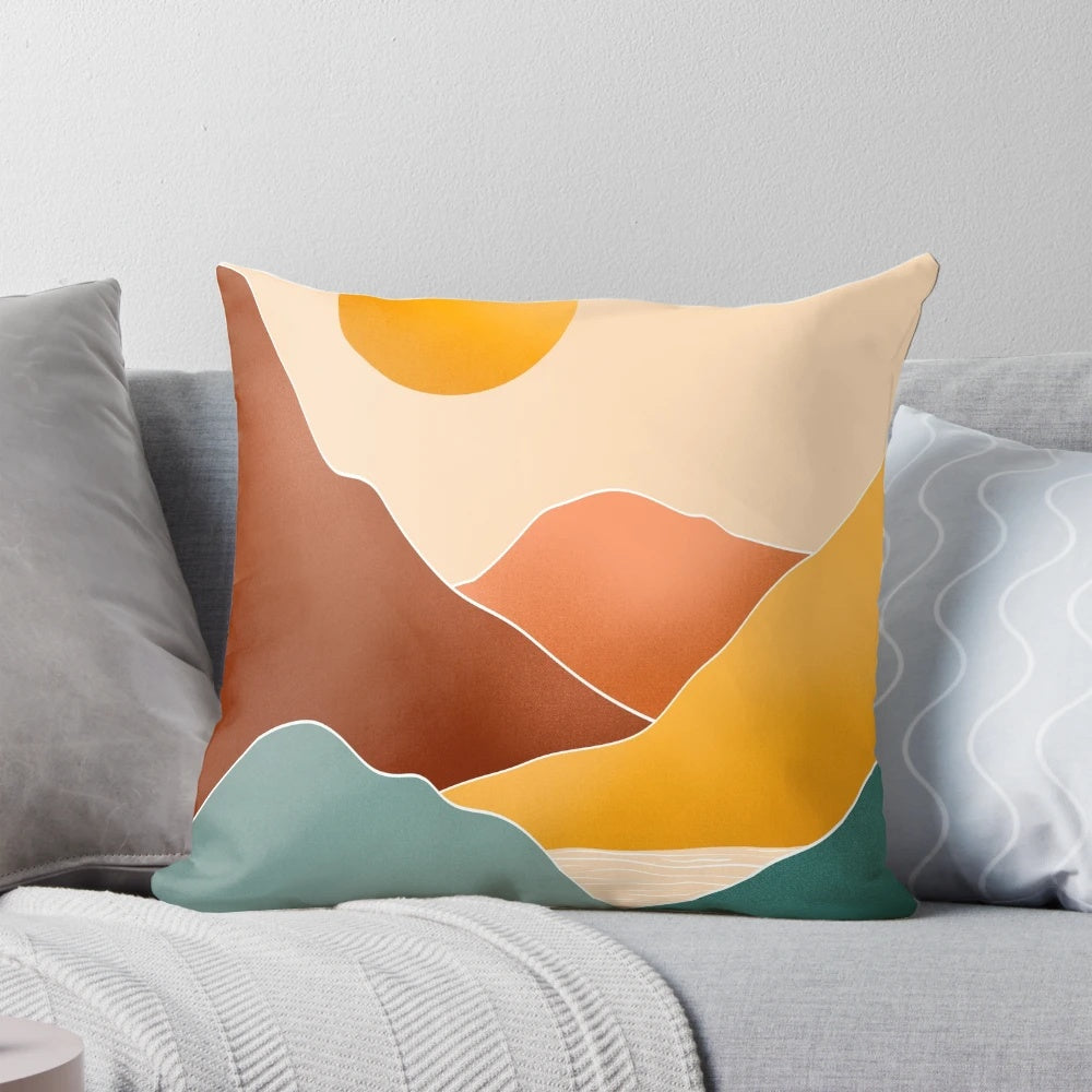 Earthy-toned abstract mountain and sunset design 30-inch pillow