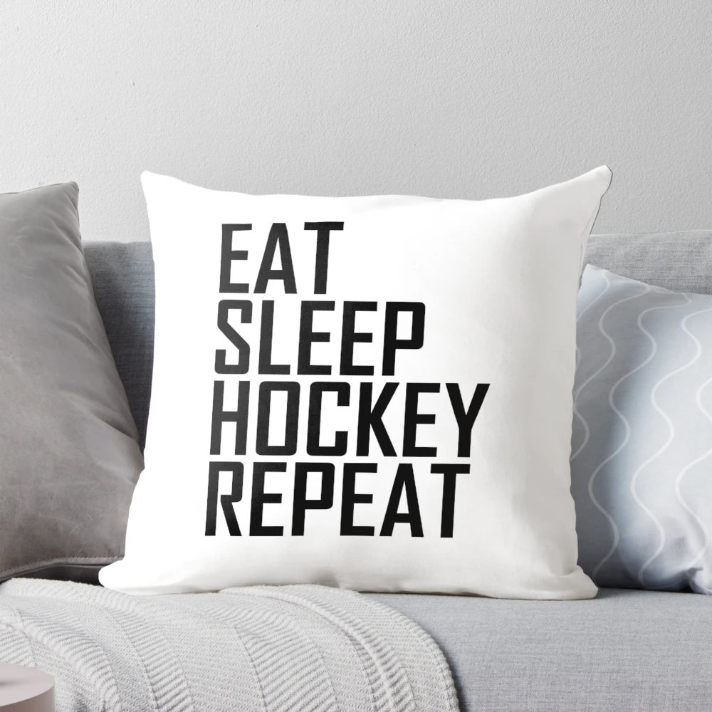 Eat Sleep Hockey Repeat - Decorative hockey themed pillow with a funny, sports-inspired design