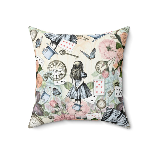 Vintage-style Alice in Wonderland collage artwork on a plush pillow