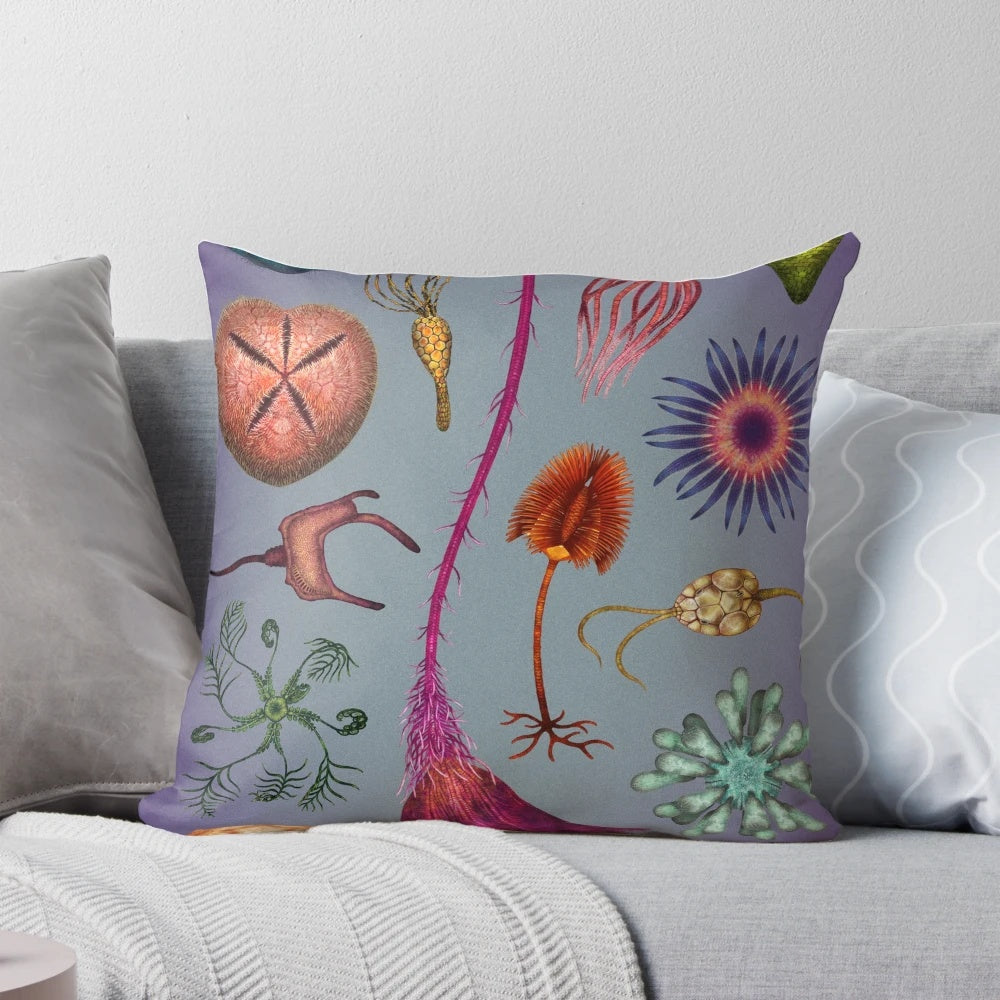 Decorative pillow featuring a fossil-inspired plate design of echinoderms like sea urchins, starfish, and crinoids.