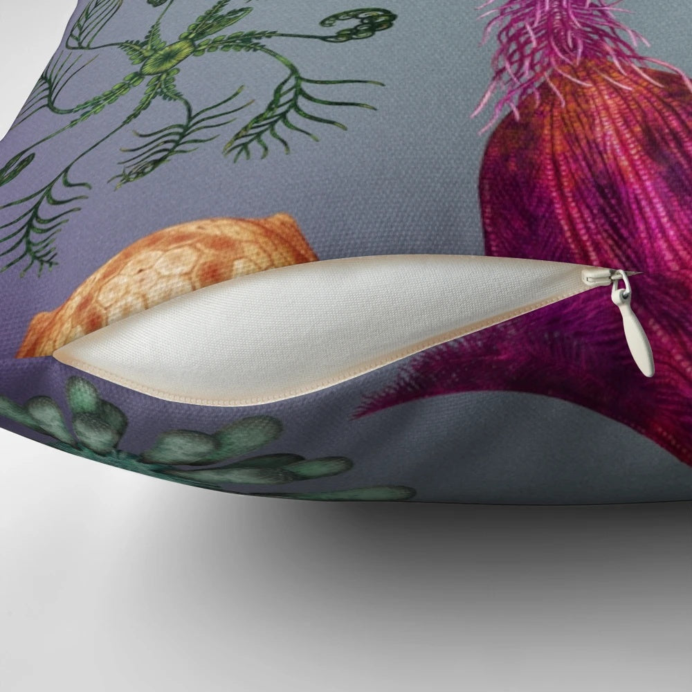 Decorative pillow featuring a fossil-inspired plate design of echinoderms like sea urchins, starfish, and crinoids.
