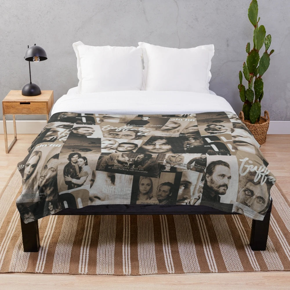 Cozy plush blanket featuring an eclectic collage of Vincent Gallo artwork